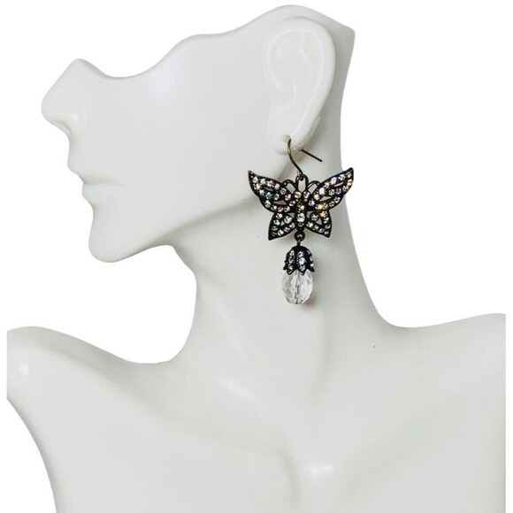 Crystal Black Butterfly Dangle Earrings 2" Jewels Of Legendary Splendor - Picture 3 of 12